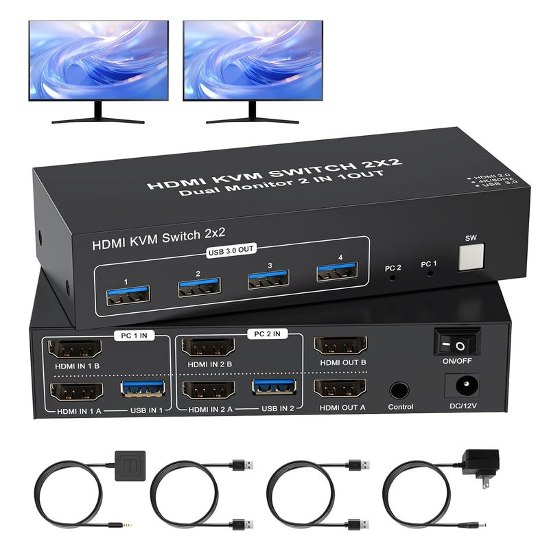 TaiLaiEra 4K HDMI KVM Switch 2 Monitors 2 Computers, 4K@60Hz Dual Monitors KVM Switcher 2PC Extended Display for 2 Port Sharing 4 USB 3.0 Hub Keyboard Mouse Hard Drives Printer with 2*USB Cables,Controller - Image 1